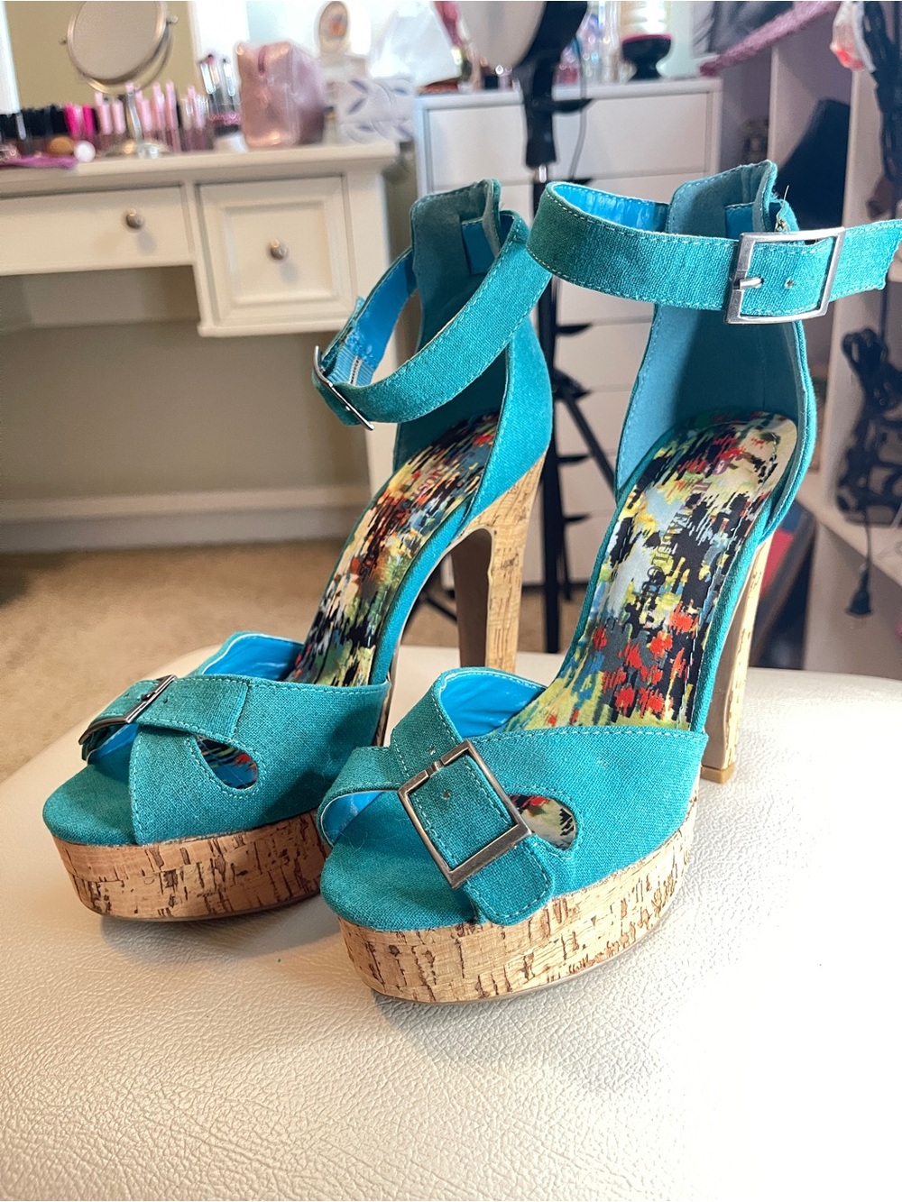 JustFab Teal Platform Ankle Strap Sandals